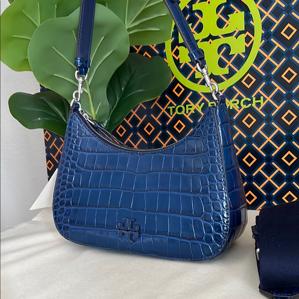 Tory Burch Blue Croc-Embossed convertible Women's crossbody Bag 2 straps - Picture 5 of 16